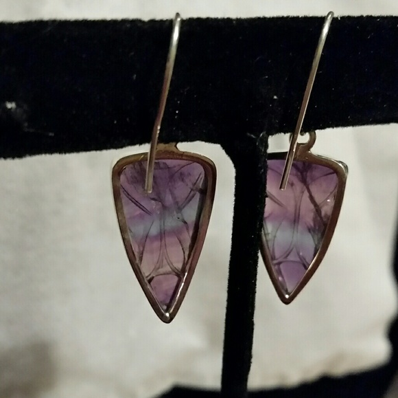 .925 Silver Hand Carved Rainbow Flourite Earrings - Picture 2 of 5